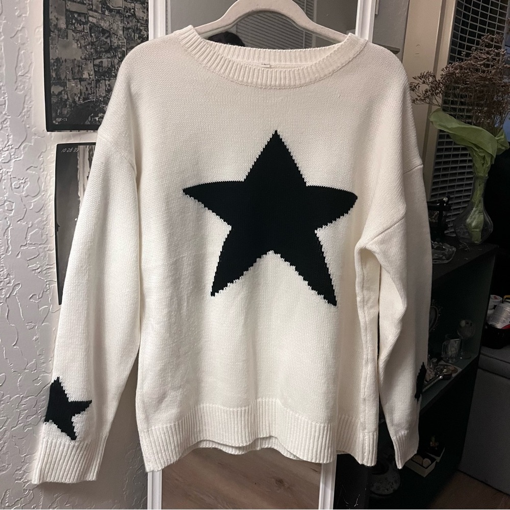 Cream Star-Front Crewneck Sweater